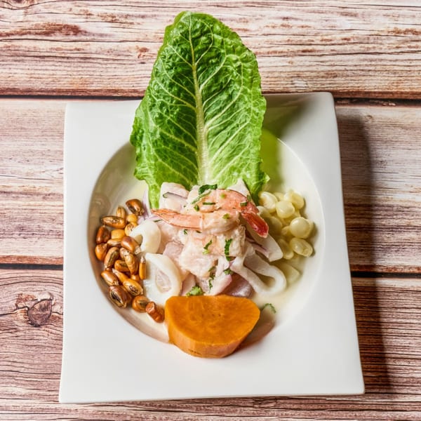 Peruvian ceviche with shrimp, squid, fish, corn, sweet potato, and lettuce on a white plate.