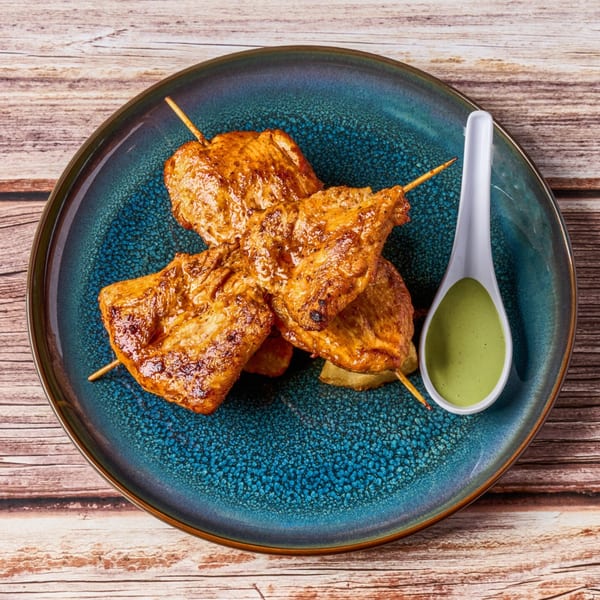 Grilled chicken skewers with a side of vibrant green sauce on a textured blue plate.