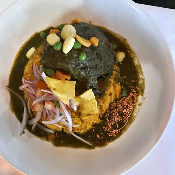 Peruvian seco de cordero with rice, dark sauce, red onions, tomatoes, peas, and corn.