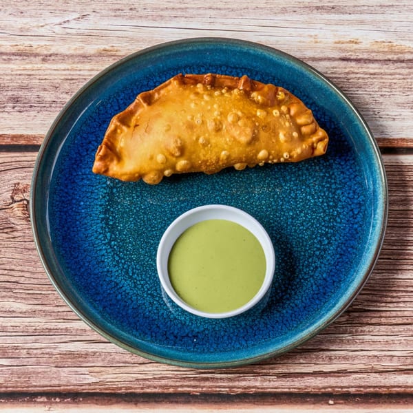 A golden-brown Peruvian empanada and a small bowl of green sauce on a blue plate.