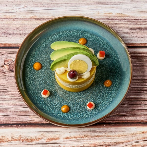 Peruvian causa dish with avocado, hard-boiled egg, olive, and sauces on a blue plate.