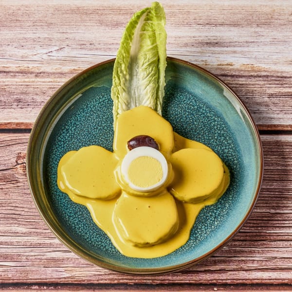 Peruvian causa rellena with yellow sauce, a hard-boiled egg, olive, and lettuce on a blue plate.